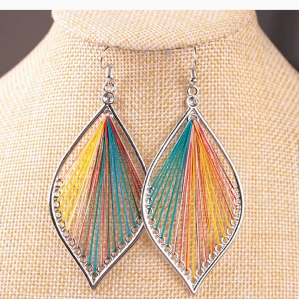 BOHO earrings colorful thread teardrop dangle New - Picture 5 of 6